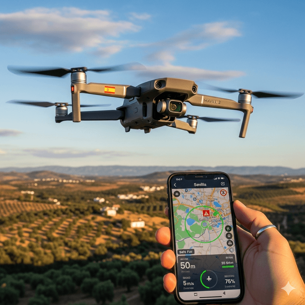 una mano sosteniendo un teléfono y un dron volando sobre un campo